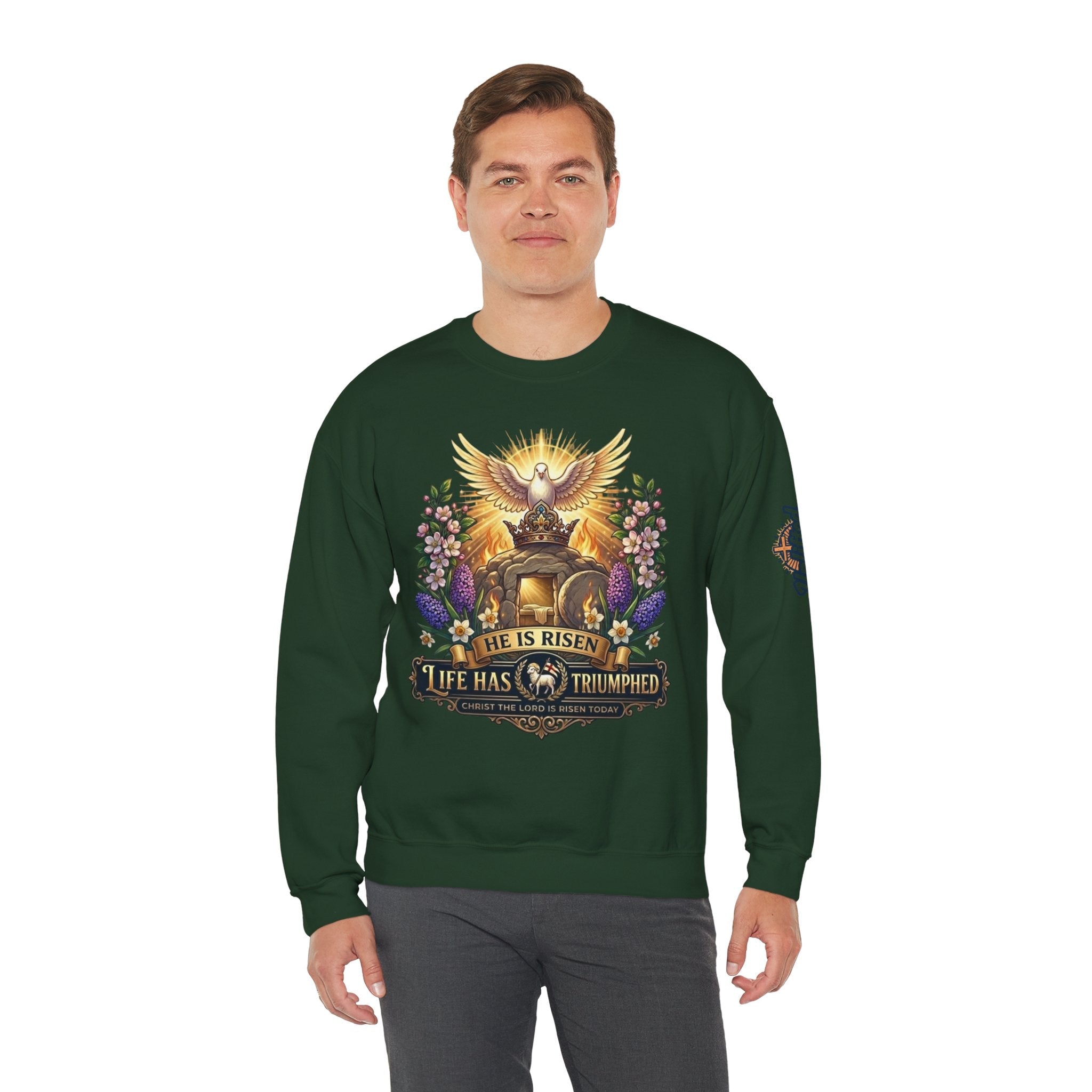 He Is Risen "Life Has Triumphed" Sweatshirt — Easter Resurrection Christian Sweatshirt Printify
