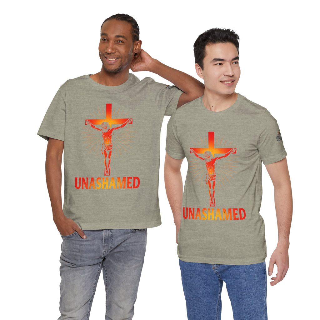 Unashamed T-shirt – Romans 1:16 Crucifixion Christian t-shirt for Bold Unwavering Faith Printify
