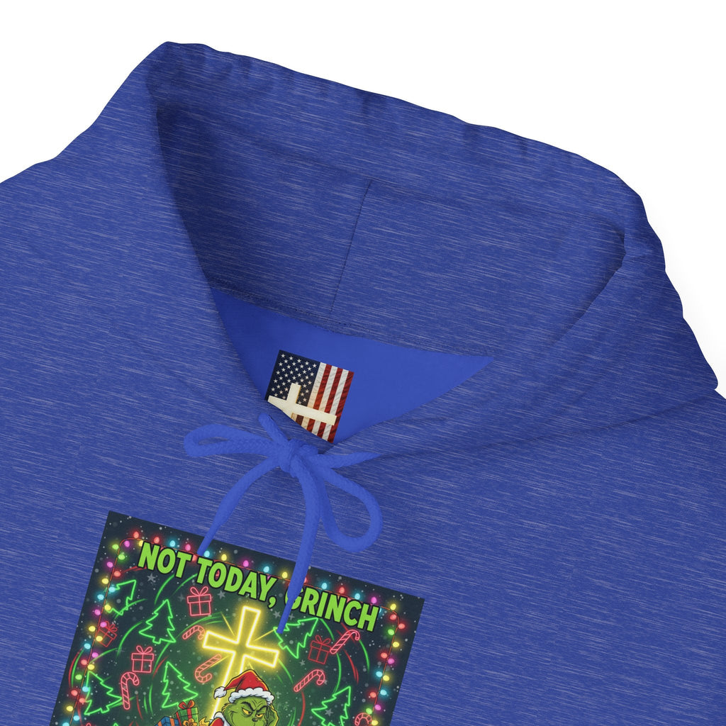 🎄 Not Today, Grinch – Jesus Saves | Funny Christian Christmas Hoodie | Festive Green & Red Cartoon Style | Bold Faith Holiday Tee by Uplifted Gear Printify
