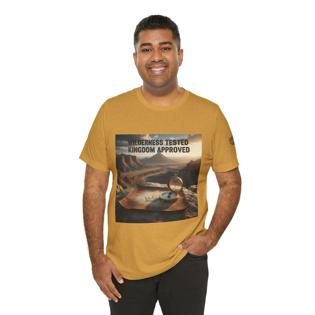 Wilderness Tested Kingdom Approved T-shirt – Mountain Desert Compass Crown Christian T-shirt for Biblical Adventure Faith Printify