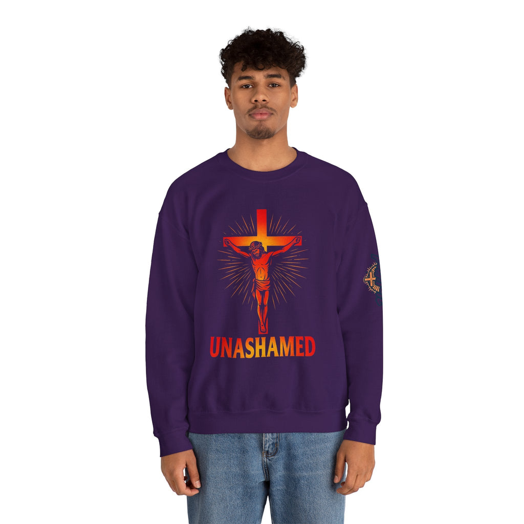 Unashamed Sweatshirt – Romans 1:16 Crucifixion Christian Sweatshirt for Bold Unwavering Faith Printify