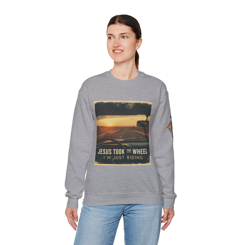 Jesus Took the Wheel I'm Just Riding Sweatshirt – Funny Christian Convertible Car Sweatshirt for Surrendered Faith & Humor