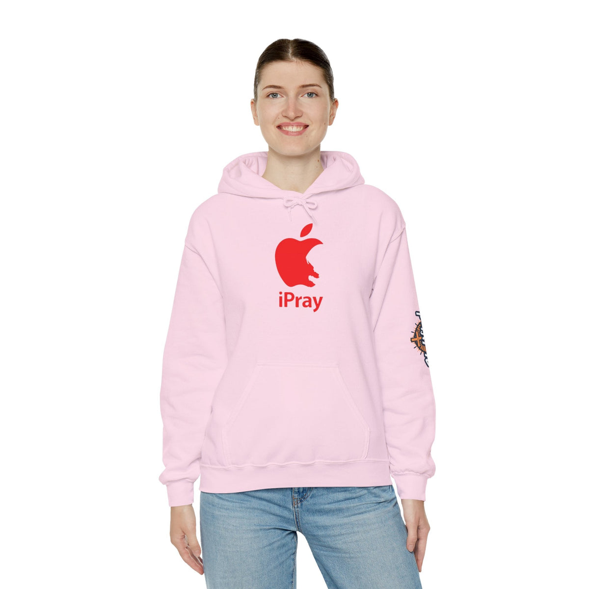 iPray Apple Logo Hoodie — Funny Christian Hoodie (Minimal Red Apple Graphic) Printify