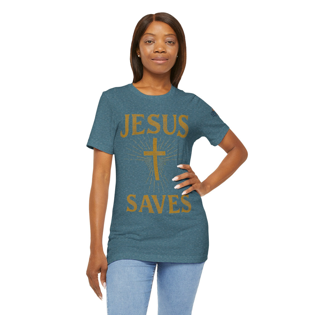 Jesus Saves T-shirt – Radiant Cross & Rays of Light Christian T-shirt for Eternal Hope & Faith Printify
