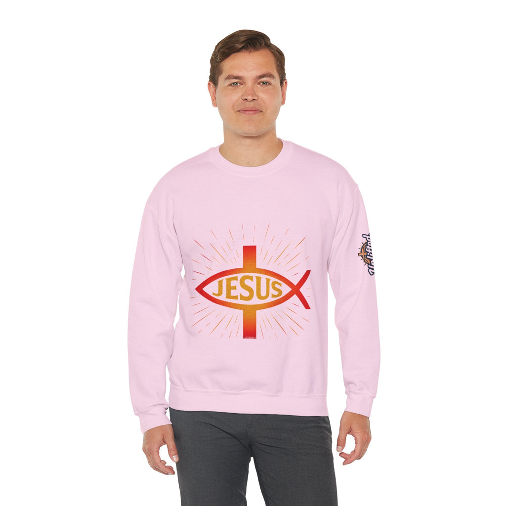 Jesus Ichthys Sweatshirt – Christian Fish Symbol with Cross & Jesus Inscription Sweatshirt for Eternal Faith & Streetwear Printify