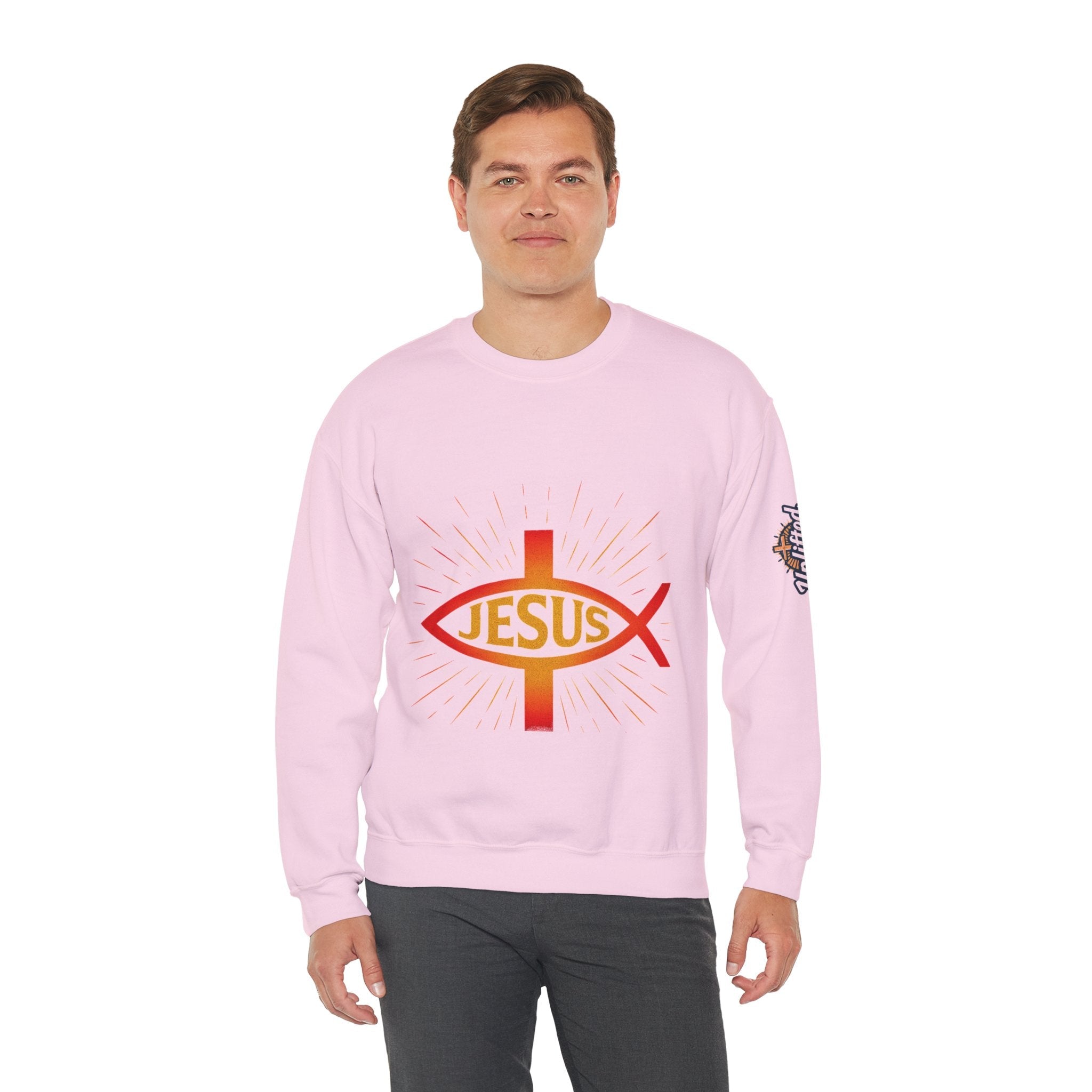 Jesus Ichthys Sweatshirt – Christian Fish Symbol with Cross & Jesus Inscription Sweatshirt for Eternal Faith & Streetwear Printify