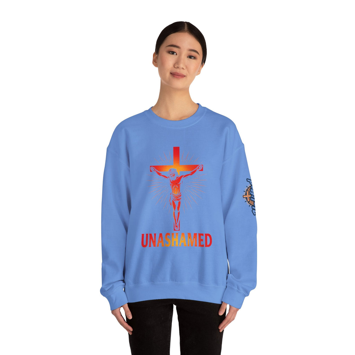 Unashamed Sweatshirt – Romans 1:16 Crucifixion Christian Sweatshirt for Bold Unwavering Faith Printify