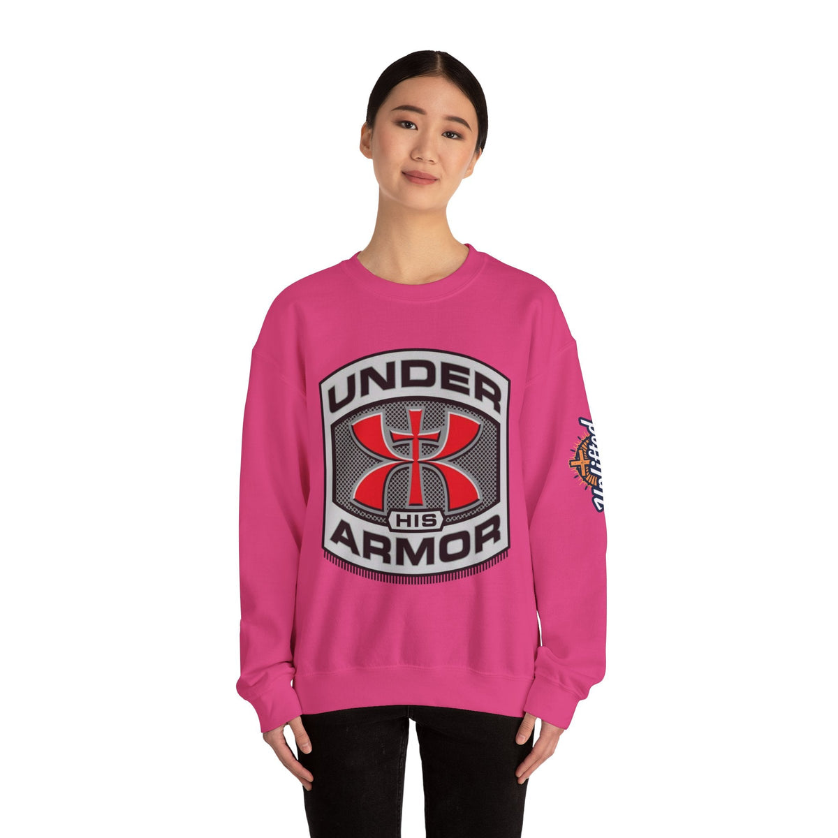 Under His Armor Crewneck Sweatshirt — Christian Faith Graphic Pullover Printify