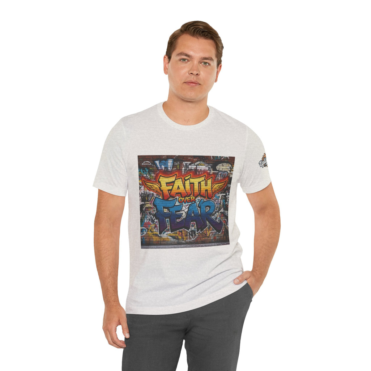 Faith Over Fear T-shirt – Graffiti Wall Christian T-shirt for Bold 2 Corinthians 5:7 Streetwear & Unshakable Faith Printify
