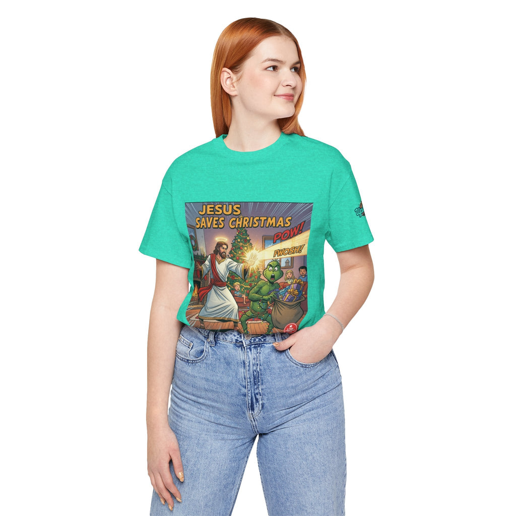 Jesus Saves Christmas T-shirt – Grinch vs Savior Light Battle Christian T-shirt for Hilarious Holiday Faith & True Joy Printify