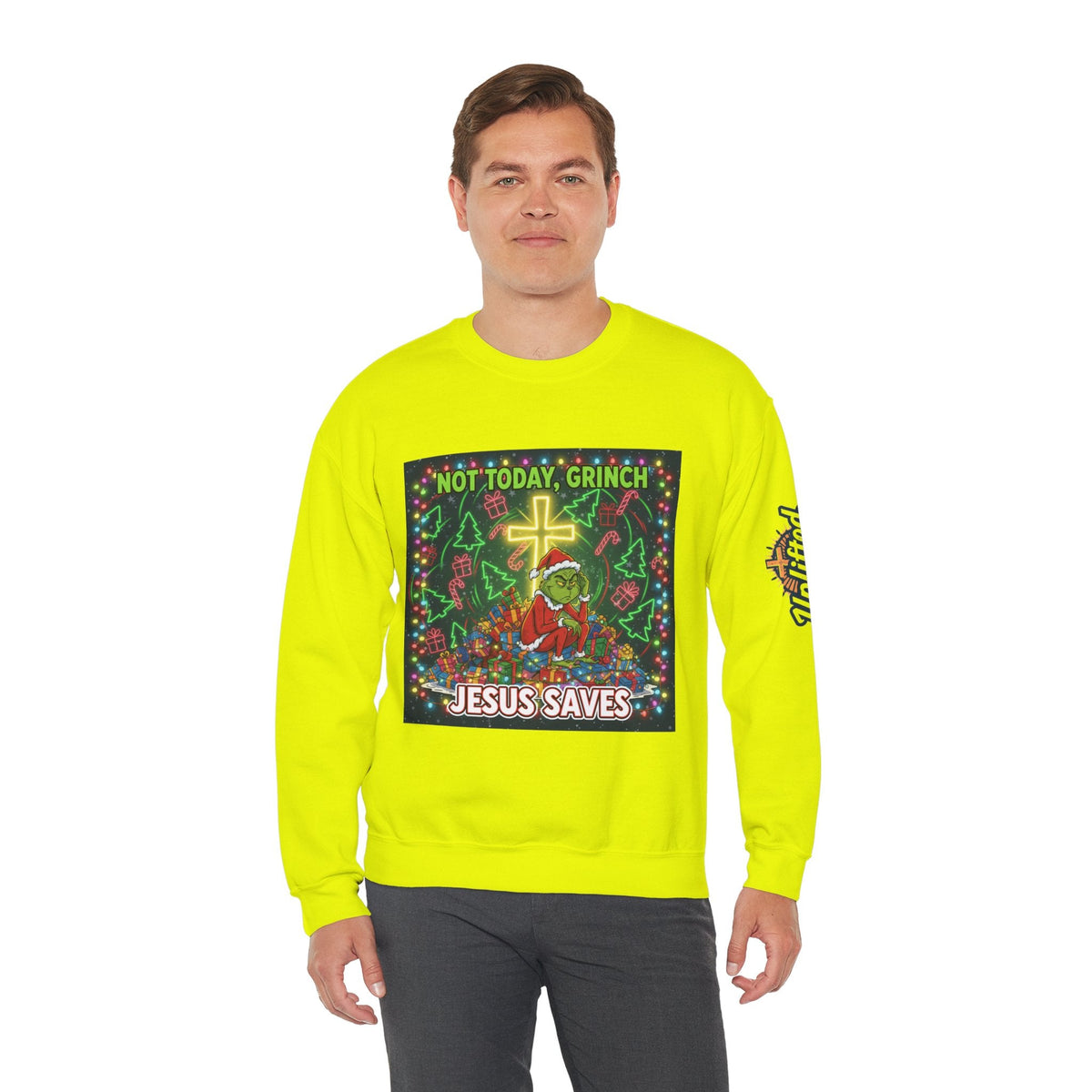 🎄 Not Today, Grinch – Jesus Saves | Funny Christian Christmas Sweatshirt | Festive Green & Red Cartoon Style | Bold Faith Holiday Tee by Uplifted Gear Printify