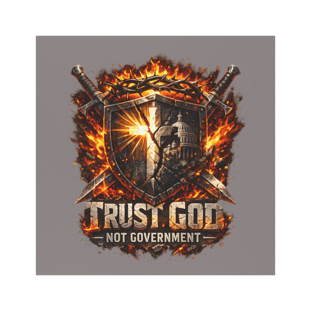 Car Magnet — "Trust God Not Government" Shield Design (Patriotic Faith-Based, Fire & Swords) Printify