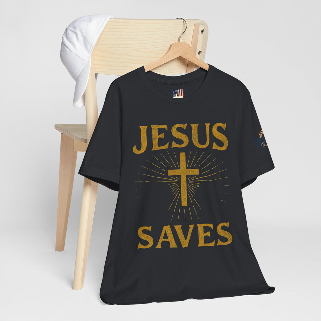 Jesus Saves T-shirt – Radiant Cross & Rays of Light Christian T-shirt for Eternal Hope & Faith Printify