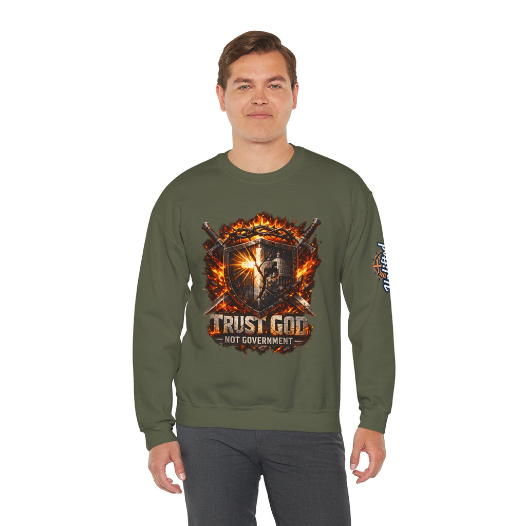 Trust God Not Government Shield Sweatshirt — Patriotic Christian Faith Sweatshirt Printify