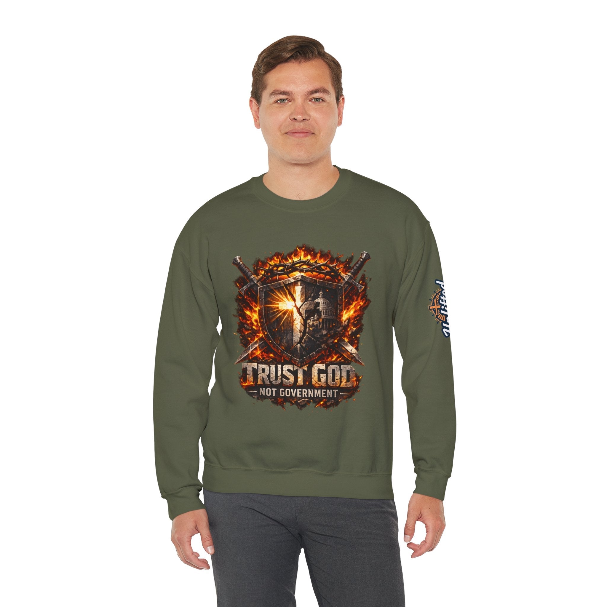 Trust God Not Government Shield Sweatshirt — Patriotic Christian Faith Sweatshirt Printify