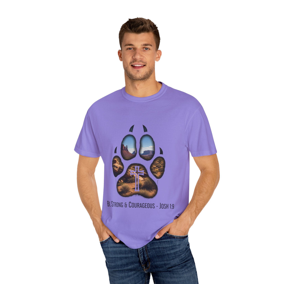 Strong and Courageous T-Shirt – Canine Pawprint Desert Joshua 1:9 Christian Tee Printify