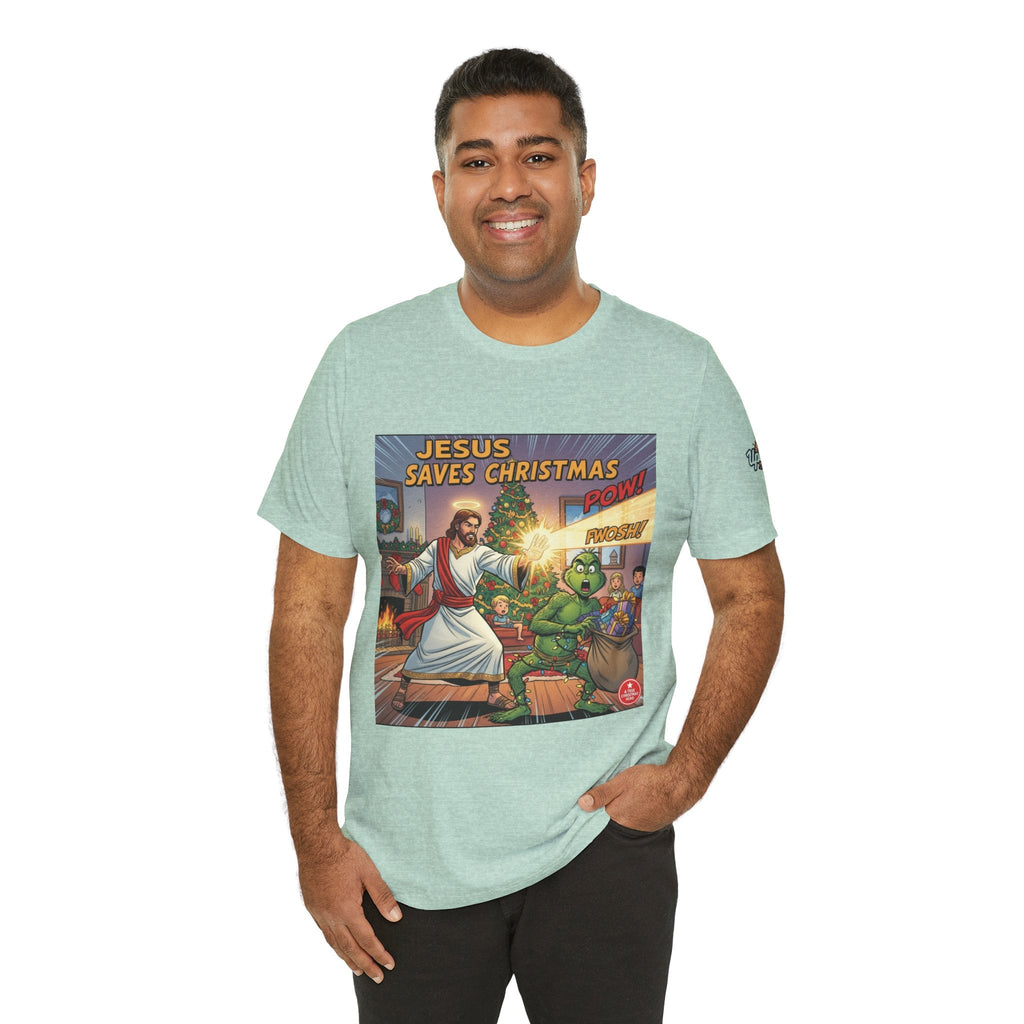 Jesus Saves Christmas T-shirt – Grinch vs Savior Light Battle Christian T-shirt for Hilarious Holiday Faith & True Joy Printify