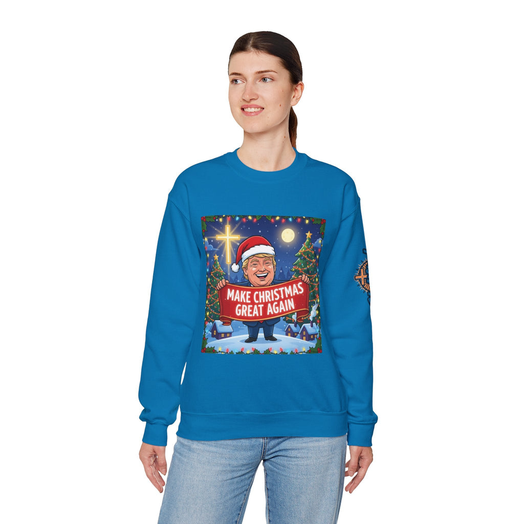 🎄 Make Christmas Great Again – Patriotic Christian Christmas Sweatshirt | Bold Holiday Faith Tee | Red & White Banner Design | Uplifted Gear Printify
