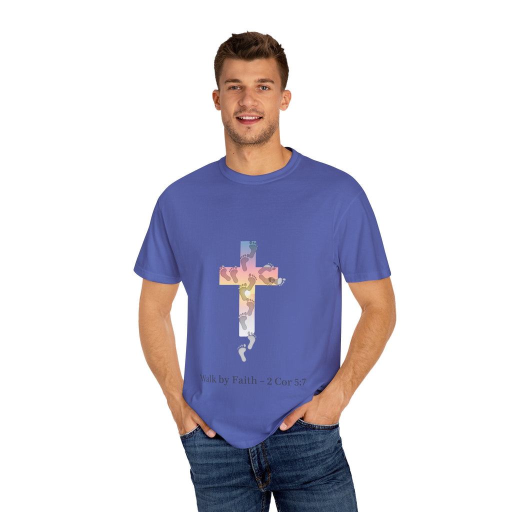 Walk by Faith T-Shirt – Cross & Footprints Christian Tee for Bold Believers Printify