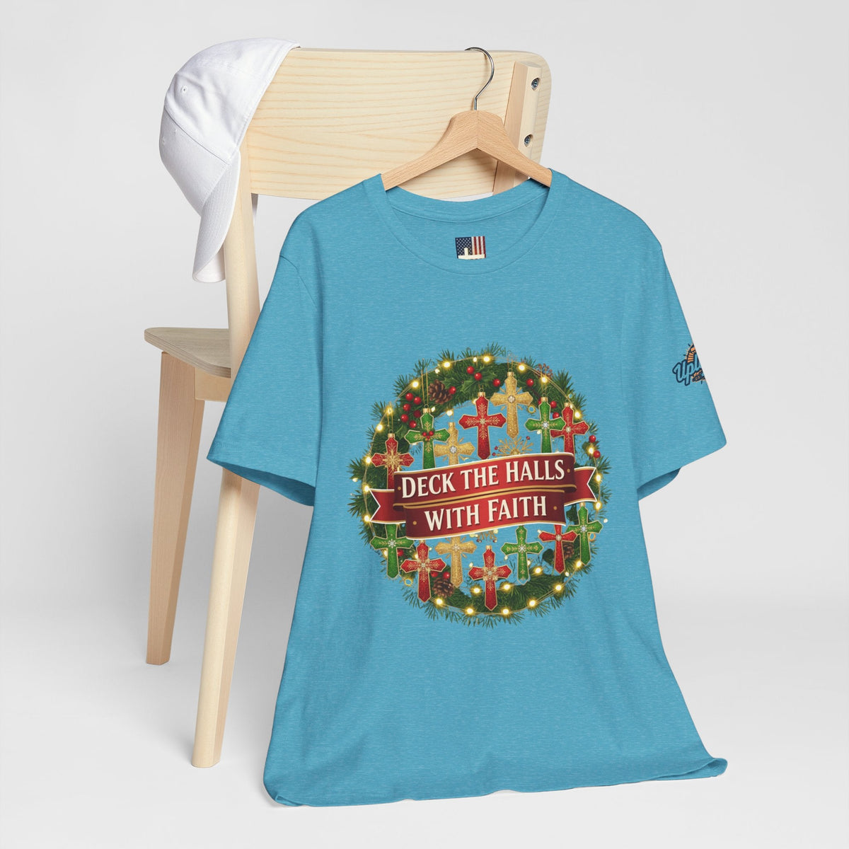 🎄 Deck the Halls with Faith – Christian Christmas T-Shirt | Cross Ornament Design & Festive Garland | Bold Holiday Faith Tee by Uplifted Gear Printify