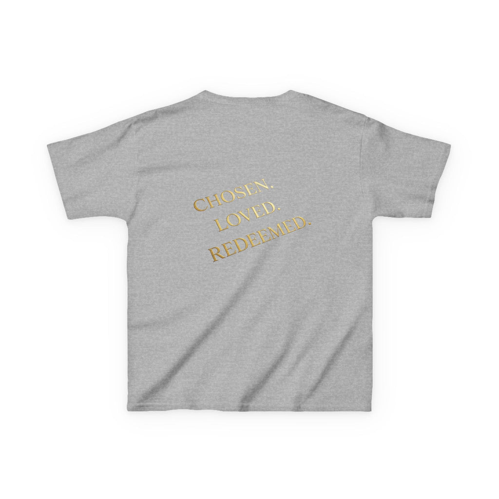 ✨ Chosen. Loved. Redeemed. – Elegant Christian Kids T-Shirt | Gold Foil Faith Tee | Subtle Cross & Heart Design | Inspirational Bible Verse Apparel by Uplifted Gear Printify