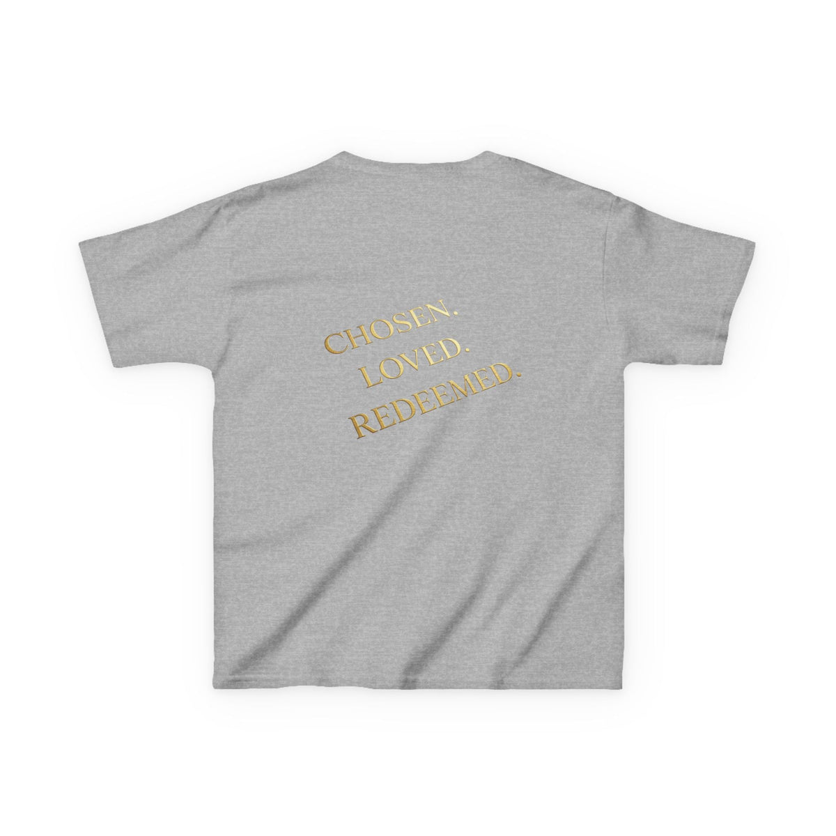 ✨ Chosen. Loved. Redeemed. – Elegant Christian Kids T-Shirt | Gold Foil Faith Tee | Subtle Cross & Heart Design | Inspirational Bible Verse Apparel by Uplifted Gear Printify