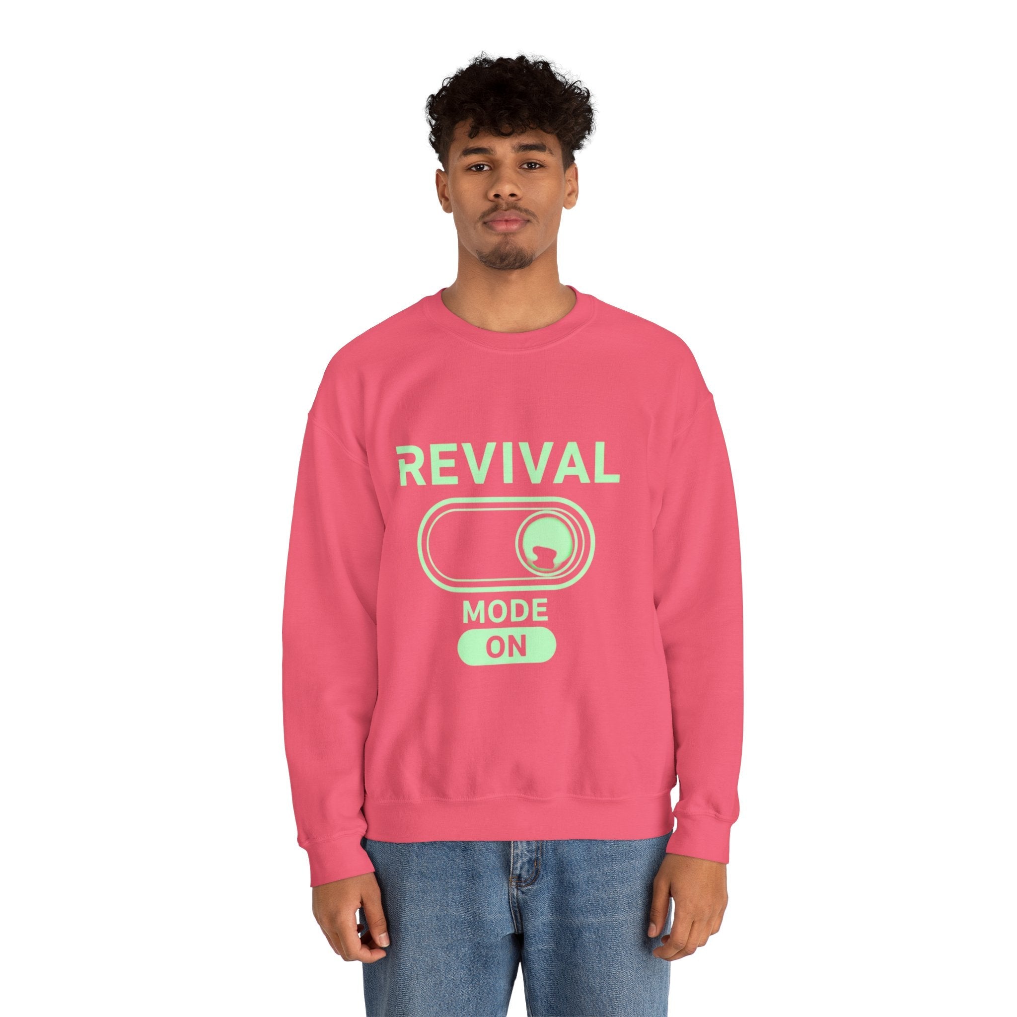 🔥 Revival Mode: ON – Christian Techwear Sweatshirt | Glowing Green Faith Switch | Futuristic Jesus Shirt | Activate Your Spiritual Awakening | Uplifted Gear Printify