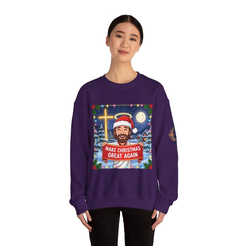 🎄 Make Christmas Great Again – Funny Christian Sweatshirt | Jesus Holding Banner | Faith-Based Holiday Parody Tee | Uplifted Gear Printify