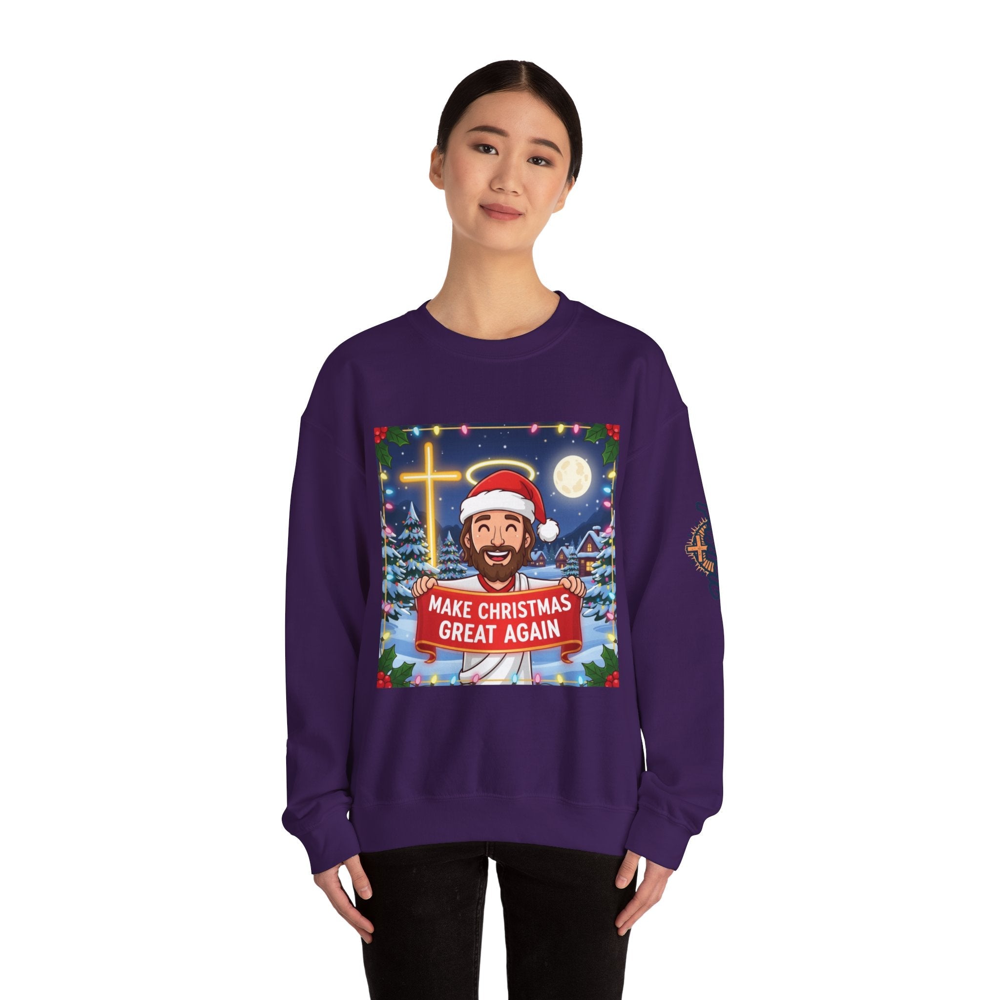 🎄 Make Christmas Great Again – Funny Christian Sweatshirt | Jesus Holding Banner | Faith-Based Holiday Parody Tee | Uplifted Gear Printify