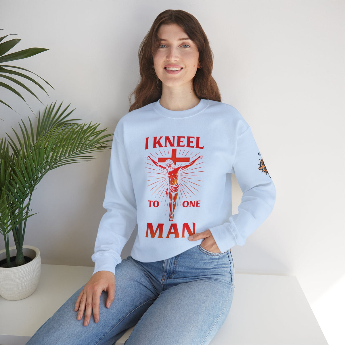 I Kneel to One Man Sweatshirt – Crucifixion Christian Sweatshirt for Unashamed Devotion & Bold Faith Printify