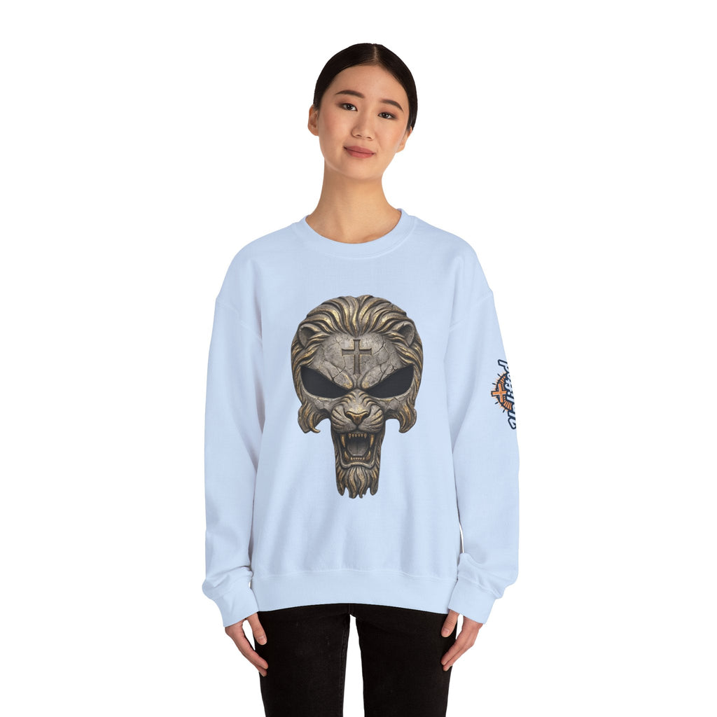 Lion of Judah Skull Christian Sweatshirt - Warrior Faith Cross Sweatshirt Printify