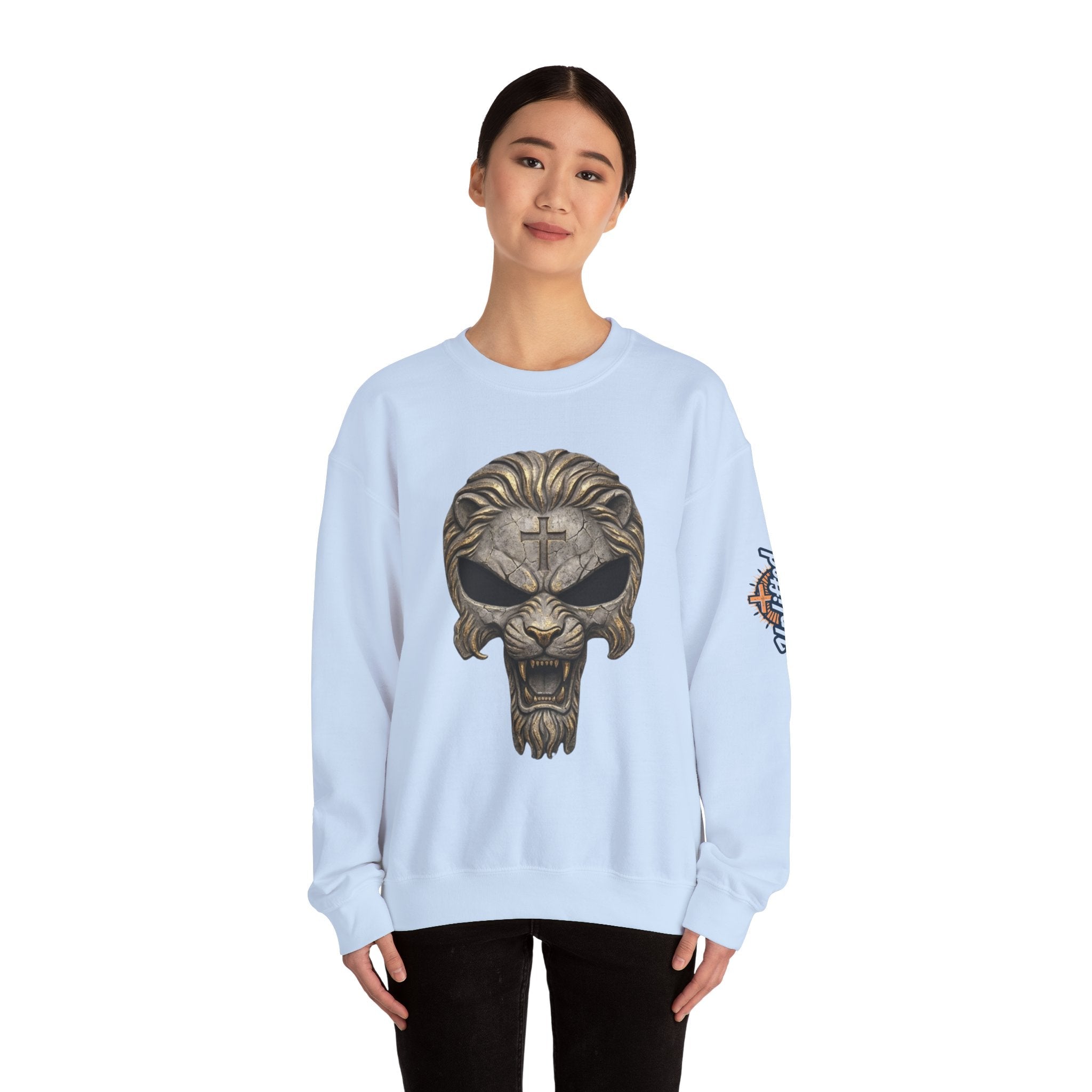 Lion of Judah Skull Christian Sweatshirt - Warrior Faith Cross Sweatshirt Printify