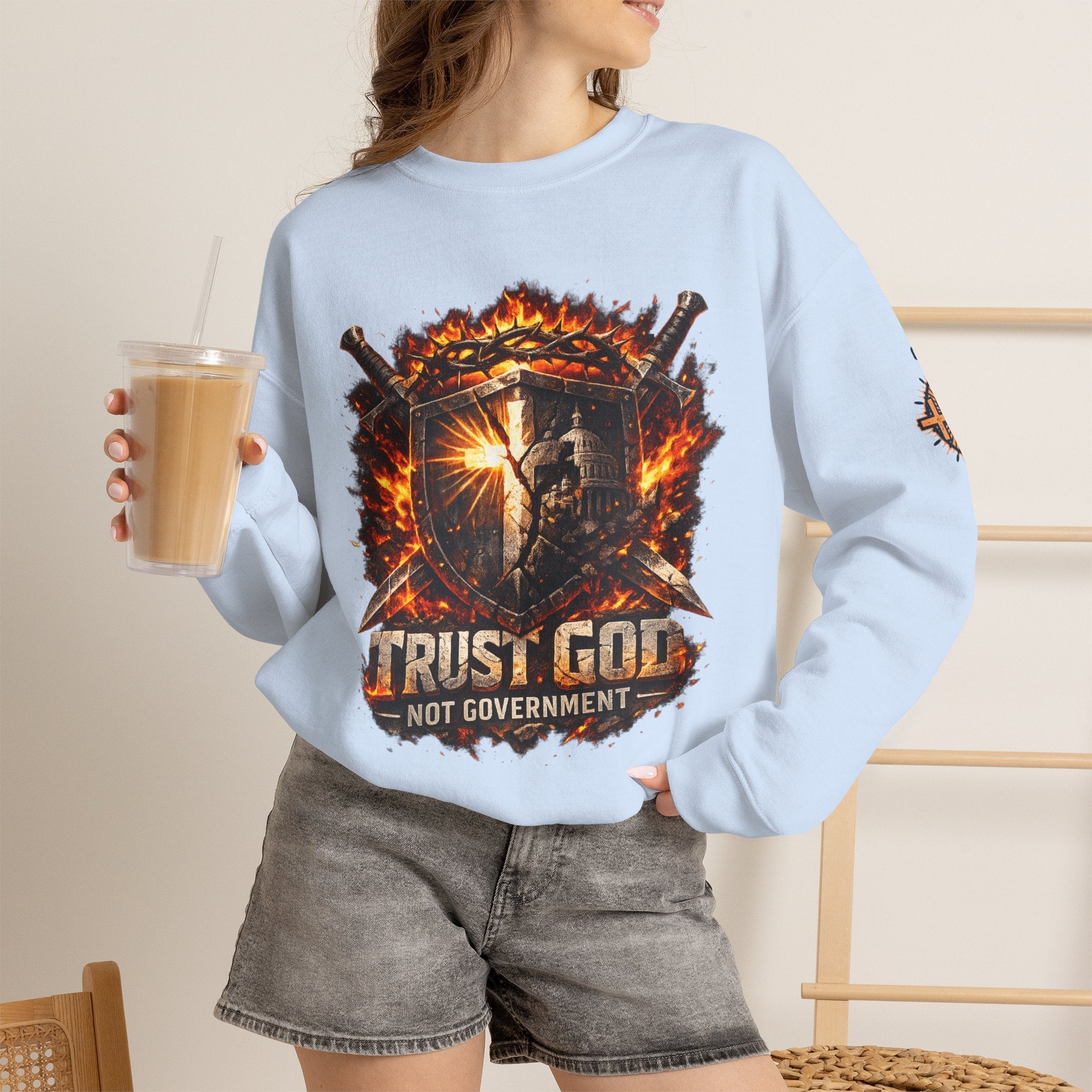 Trust God Not Government Shield Sweatshirt — Patriotic Christian Faith Sweatshirt Printify
