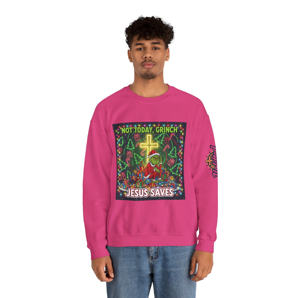 🎄 Not Today, Grinch – Jesus Saves | Funny Christian Christmas Sweatshirt | Festive Green & Red Cartoon Style | Bold Faith Holiday Tee by Uplifted Gear Printify