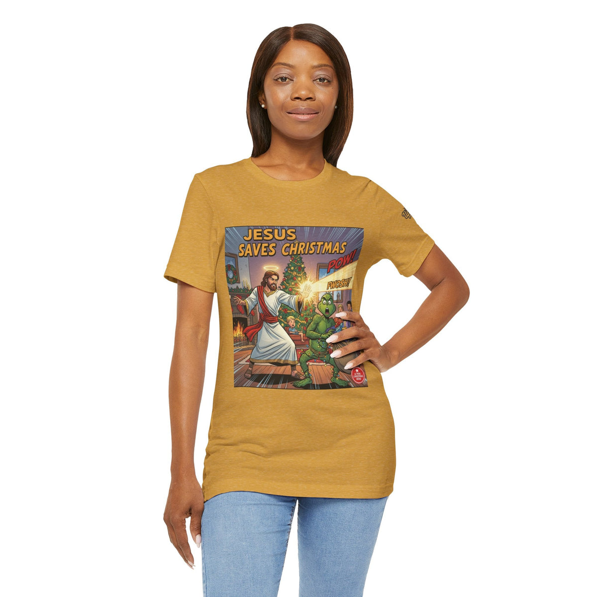 Jesus Saves Christmas T-shirt – Grinch vs Savior Light Battle Christian T-shirt for Hilarious Holiday Faith & True Joy Printify
