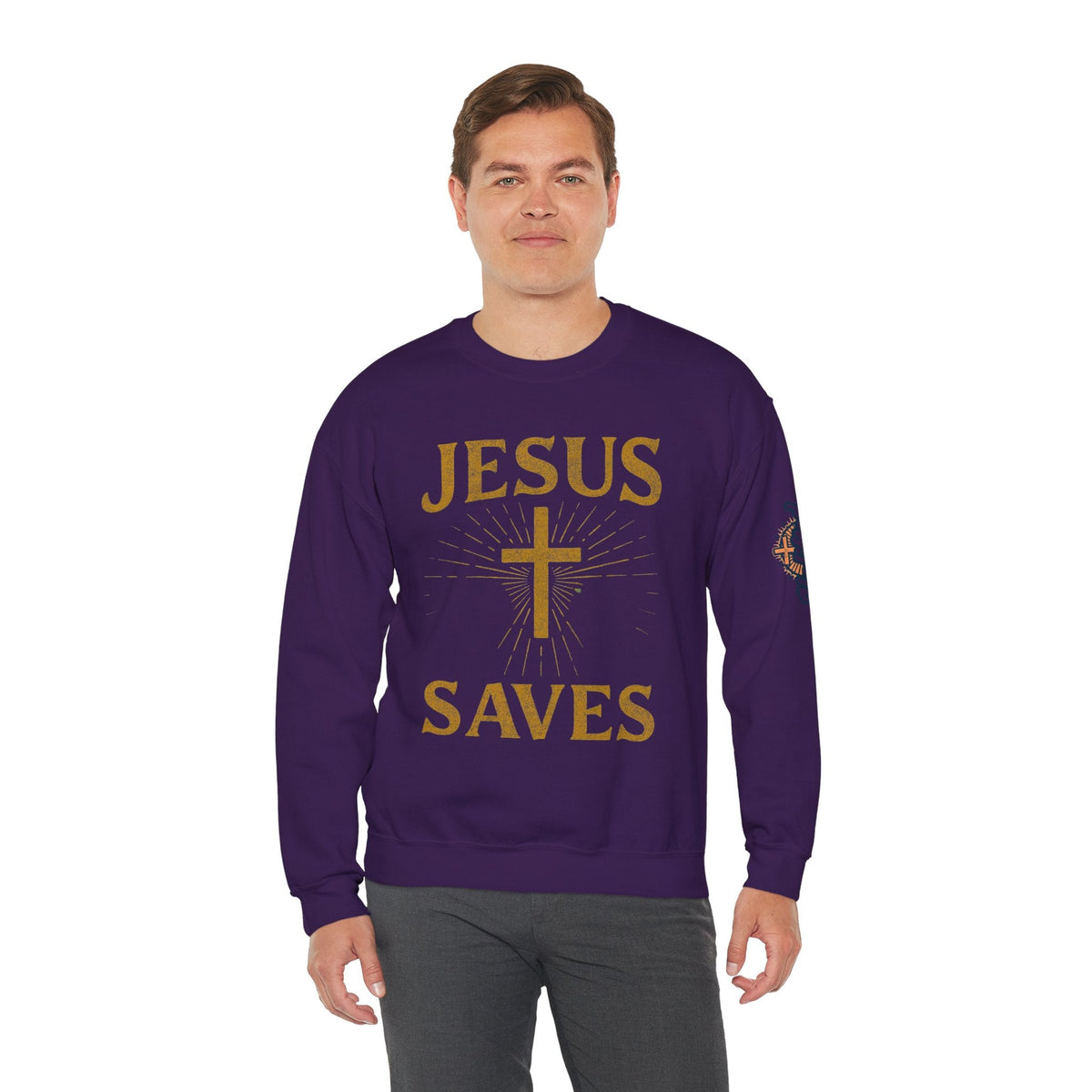 Jesus Saves Sweatshirt – Radiant Cross & Rays of Light Christian Sweatshirt for Eternal Hope & Faith Printify