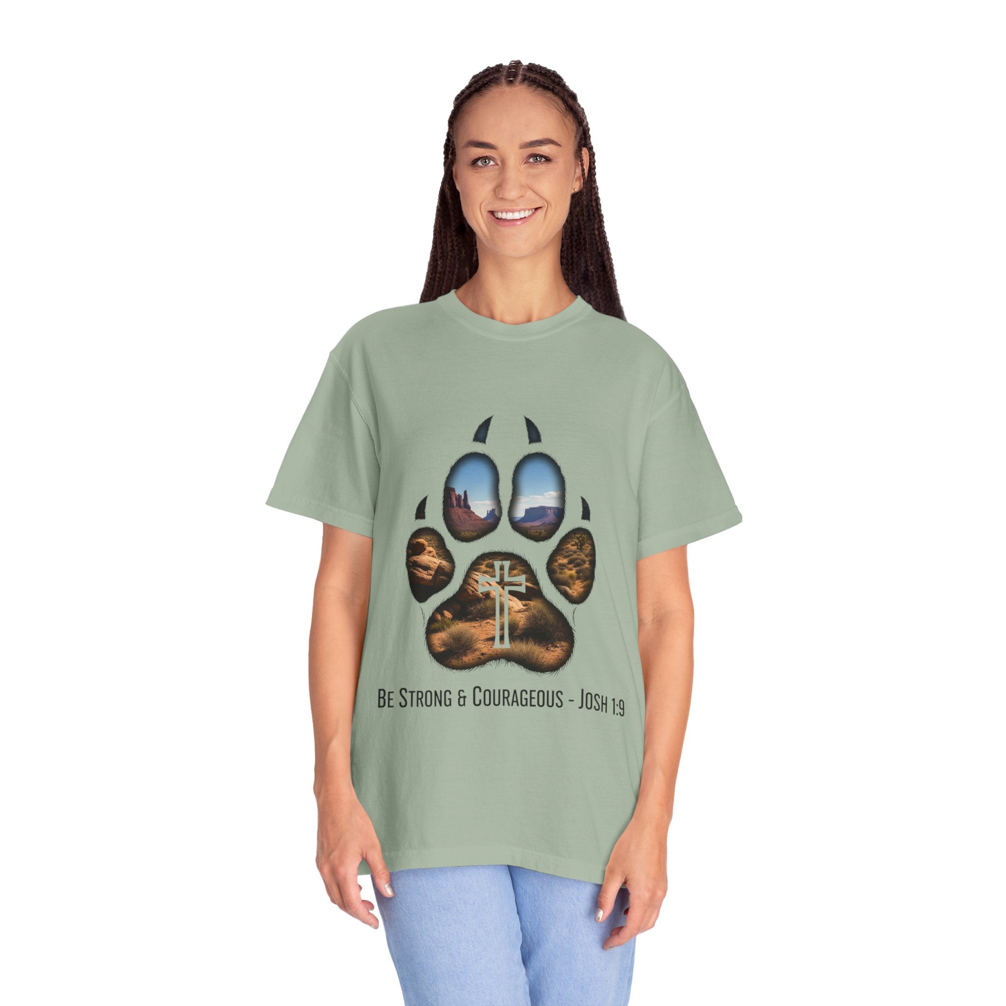 Strong and Courageous T-Shirt – Canine Pawprint Desert Joshua 1:9 Christian Tee Printify