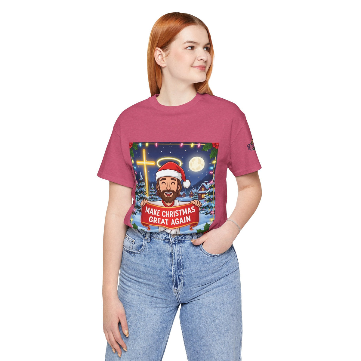 🎄 Make Christmas Great Again – Funny Christian T-Shirt | Jesus Holding Banner | Faith-Based Holiday Parody Tee | Uplifted Gear Printify