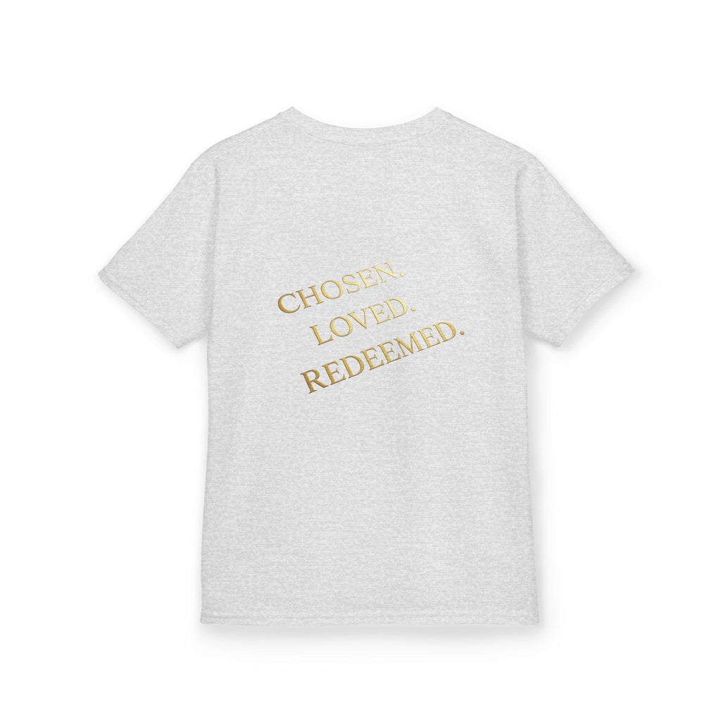 ✨ Chosen. Loved. Redeemed. – Elegant Christian Kids T-Shirt | Gold Foil Faith Tee | Subtle Cross & Heart Design | Inspirational Bible Verse Apparel by Uplifted Gear Printify