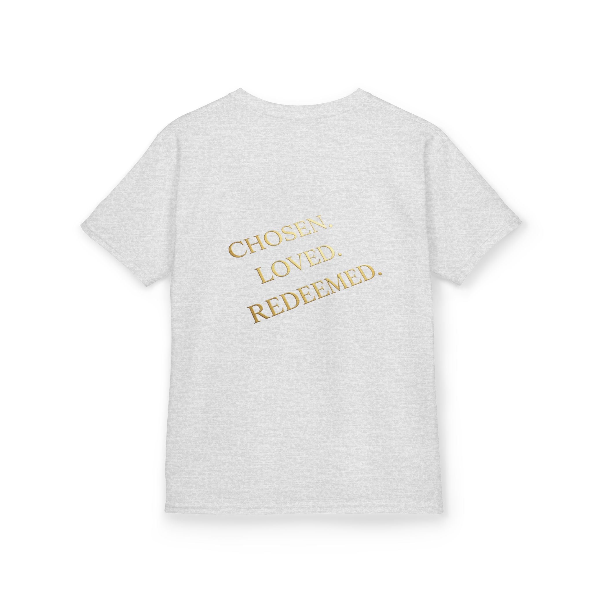 ✨ Chosen. Loved. Redeemed. – Elegant Christian Kids T-Shirt | Gold Foil Faith Tee | Subtle Cross & Heart Design | Inspirational Bible Verse Apparel by Uplifted Gear Printify