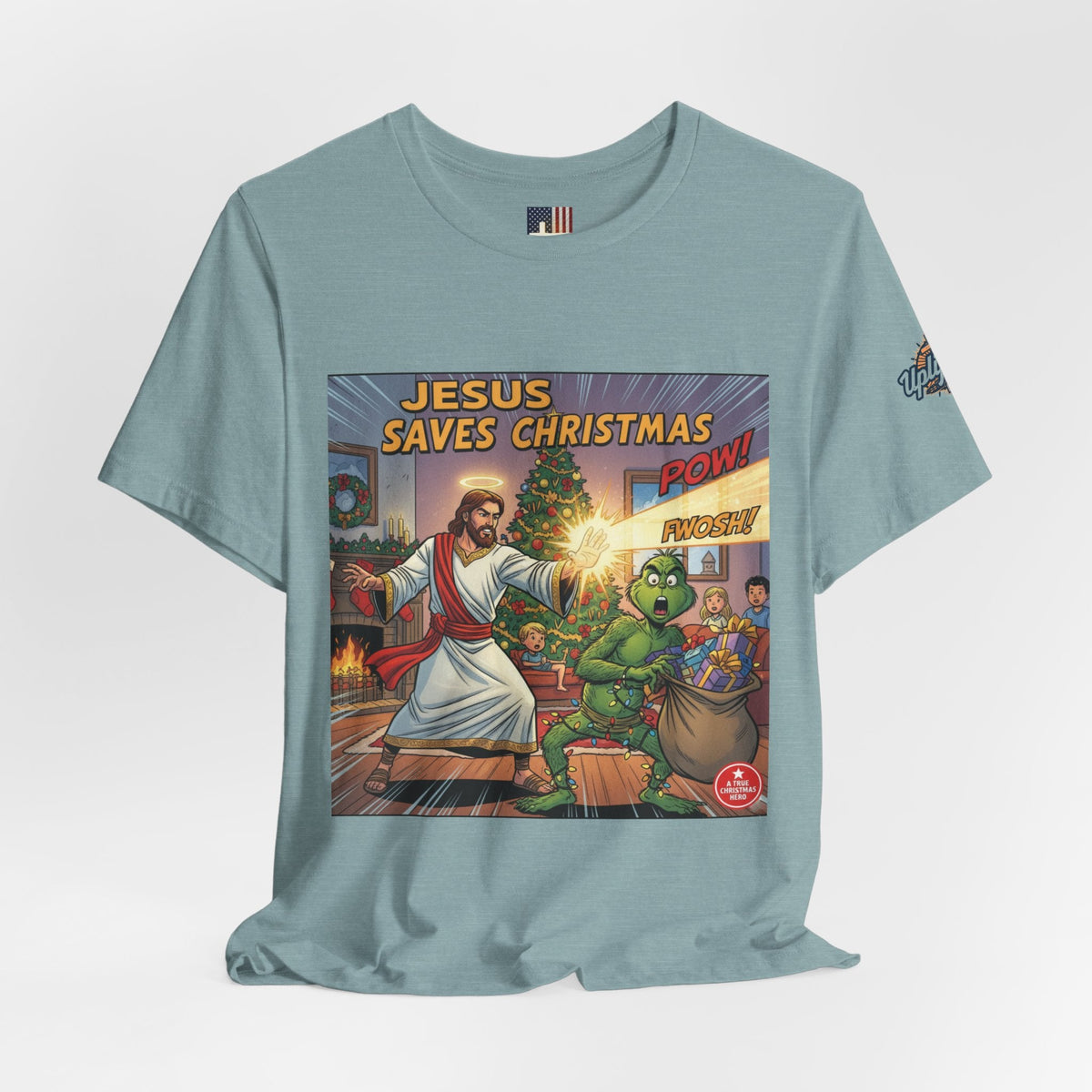 Jesus Saves Christmas T-shirt – Grinch vs Savior Light Battle Christian T-shirt for Hilarious Holiday Faith & True Joy Printify