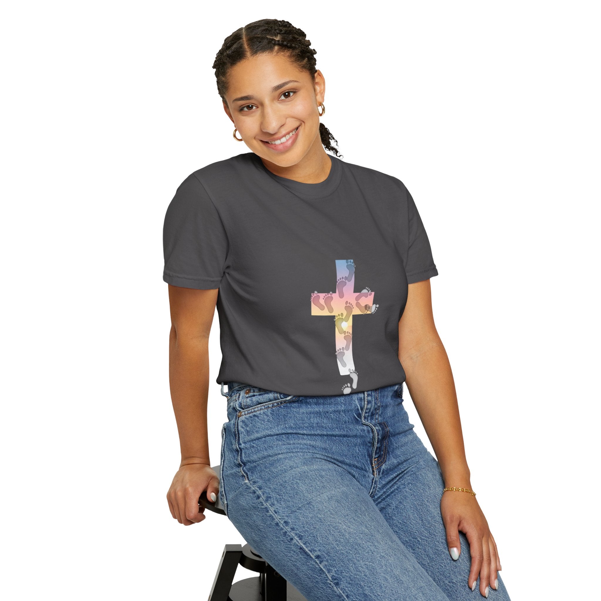 Walk by Faith T-Shirt – Cross & Footprints Christian Tee for Bold Believers Printify
