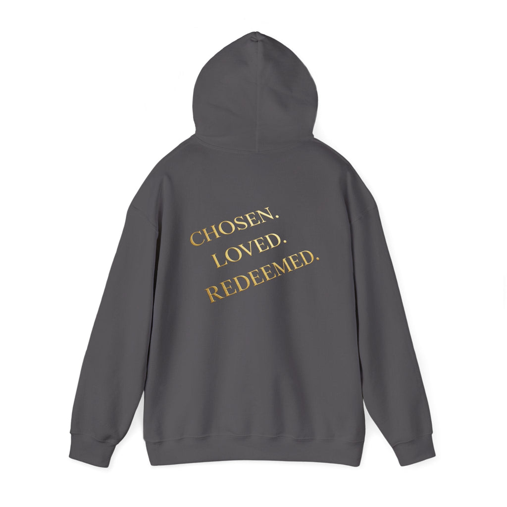 ✨ Chosen. Loved. Redeemed. – Elegant Christian Hoodie | Gold Foil Faith Tee | Subtle Cross & Heart Design | Inspirational Bible Verse Apparel by Uplifted Gear Printify