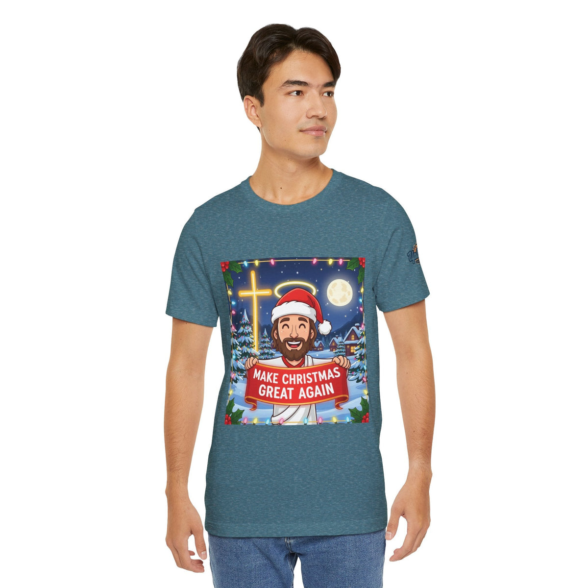 🎄 Make Christmas Great Again – Funny Christian T-Shirt | Jesus Holding Banner | Faith-Based Holiday Parody Tee | Uplifted Gear Printify