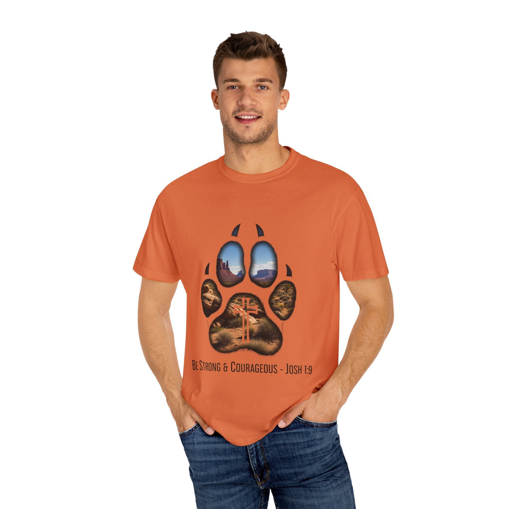 Strong and Courageous T-Shirt – Canine Pawprint Desert Joshua 1:9 Christian Tee Printify
