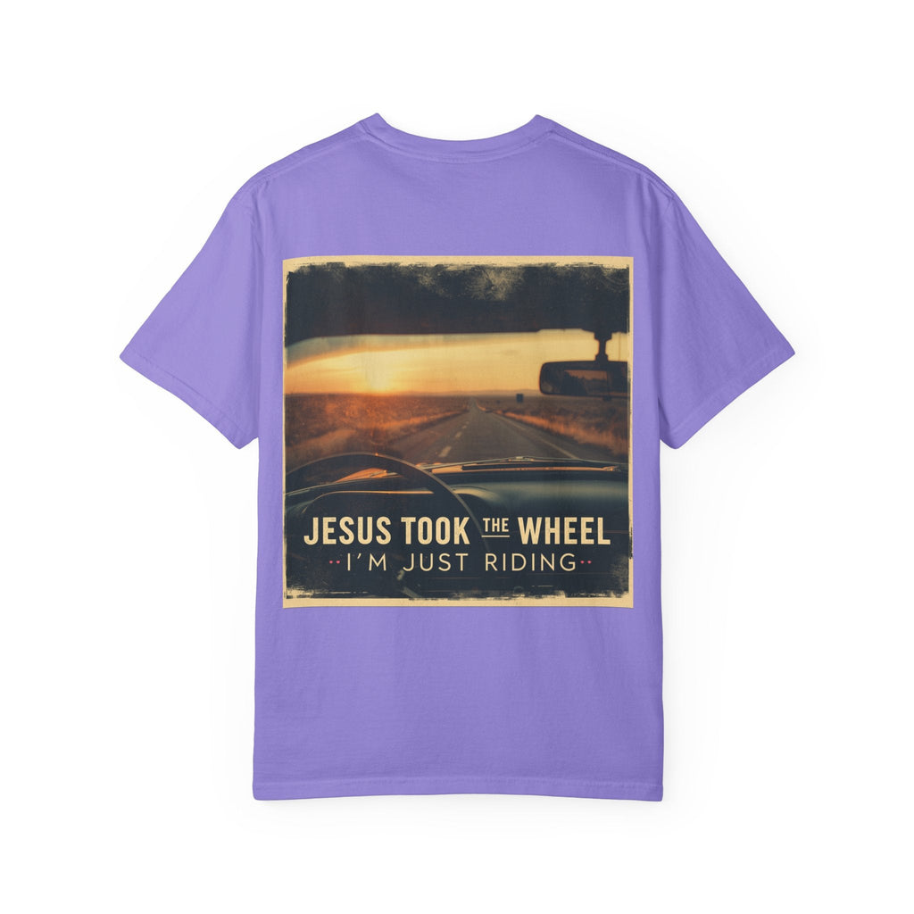 Jesus Took the Wheel I'm Just Riding T-shirt – Funny Christian Convertible Car T-shirt for Surrendered Faith & Humor Printify