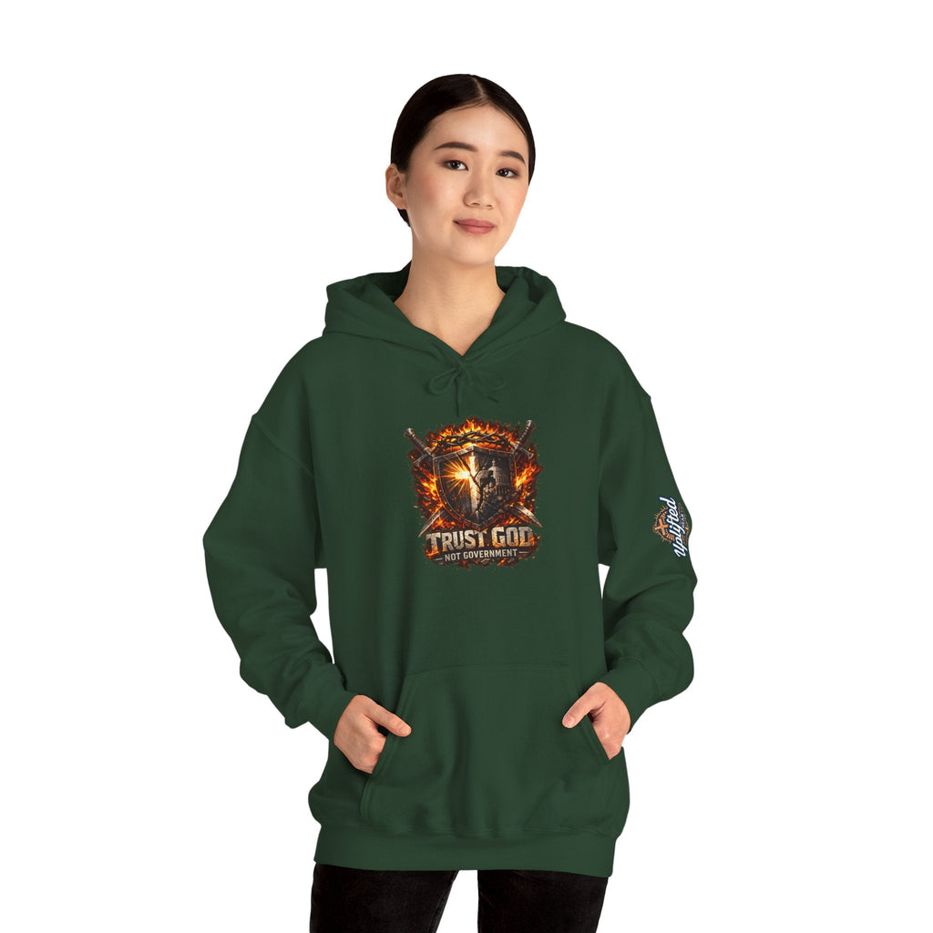 Trust God Not Government Shield Hoodie — Patriotic Christian Faith Hoodie Printify