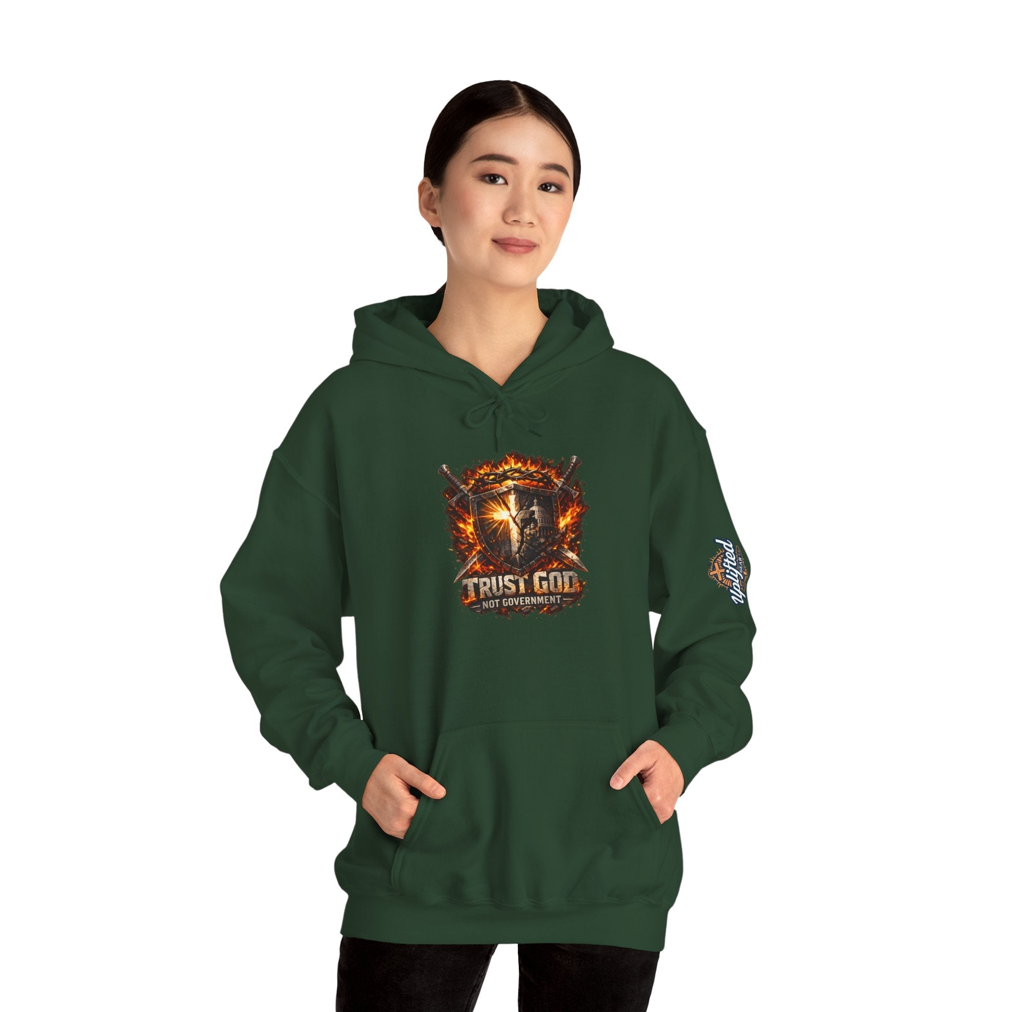 Trust God Not Government Shield Hoodie — Patriotic Christian Faith Hoodie Printify