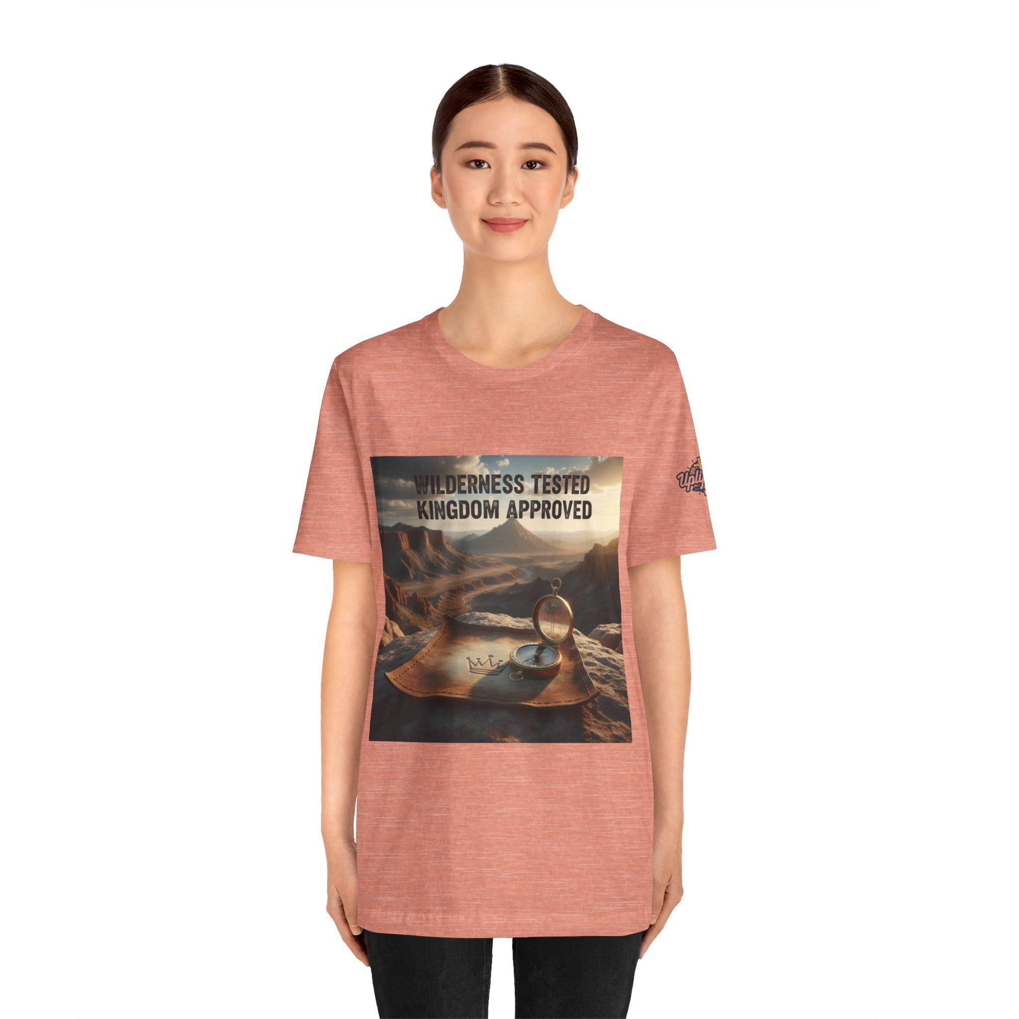 Wilderness Tested Kingdom Approved T-shirt – Mountain Desert Compass Crown Christian T-shirt for Biblical Adventure Faith Printify