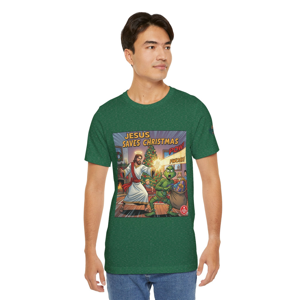 Jesus Saves Christmas T-shirt – Grinch vs Savior Light Battle Christian T-shirt for Hilarious Holiday Faith & True Joy Printify